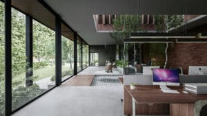 Bureau contemporain inspiré du design biophilique, avec grandes baies vitrées donnant sur un jardin verdoyant, végétation intégrée à l’intérieur, mobilier en bois et lumière naturelle abondante.